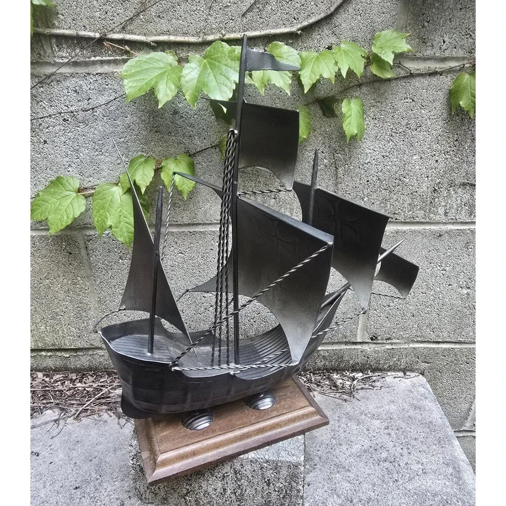 Vintage Santa Maria Sailing Ship Tin On Wooden Base Nautical Decor 15.5